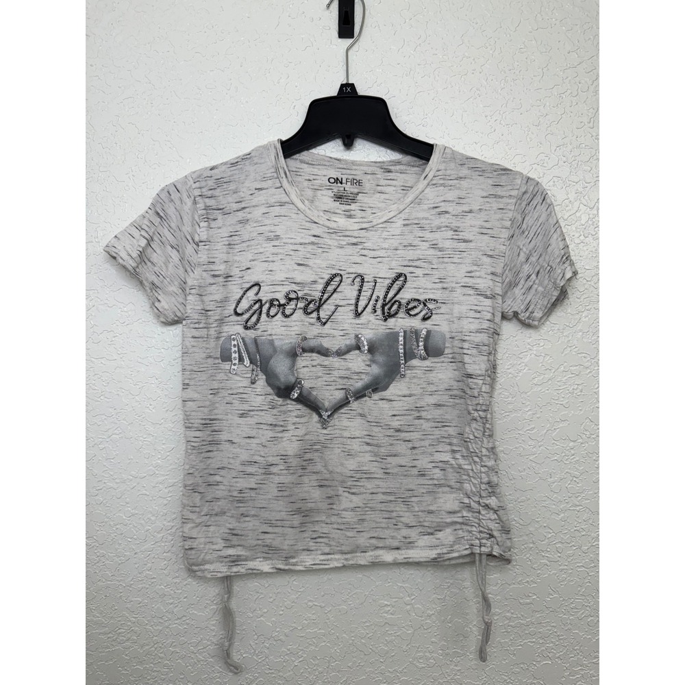 ON FIRE Good Vibes Graphic T Shirt White Heathered Women's Size‎ L
